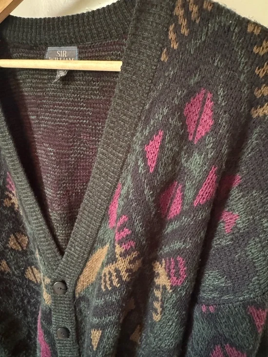 Men's Patterned V-Neck Cardigan Sweater - Dark Green with Berry & Tan Accents - Picture 2 of 3